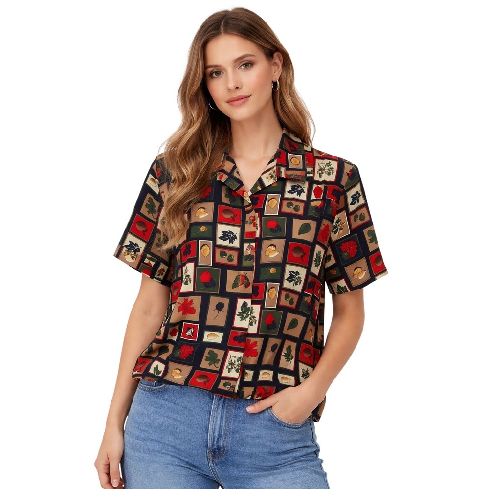 Vintage Alia Patchwork Cottagecore Harvest Button Front Blouse 10 Retro Medium‎